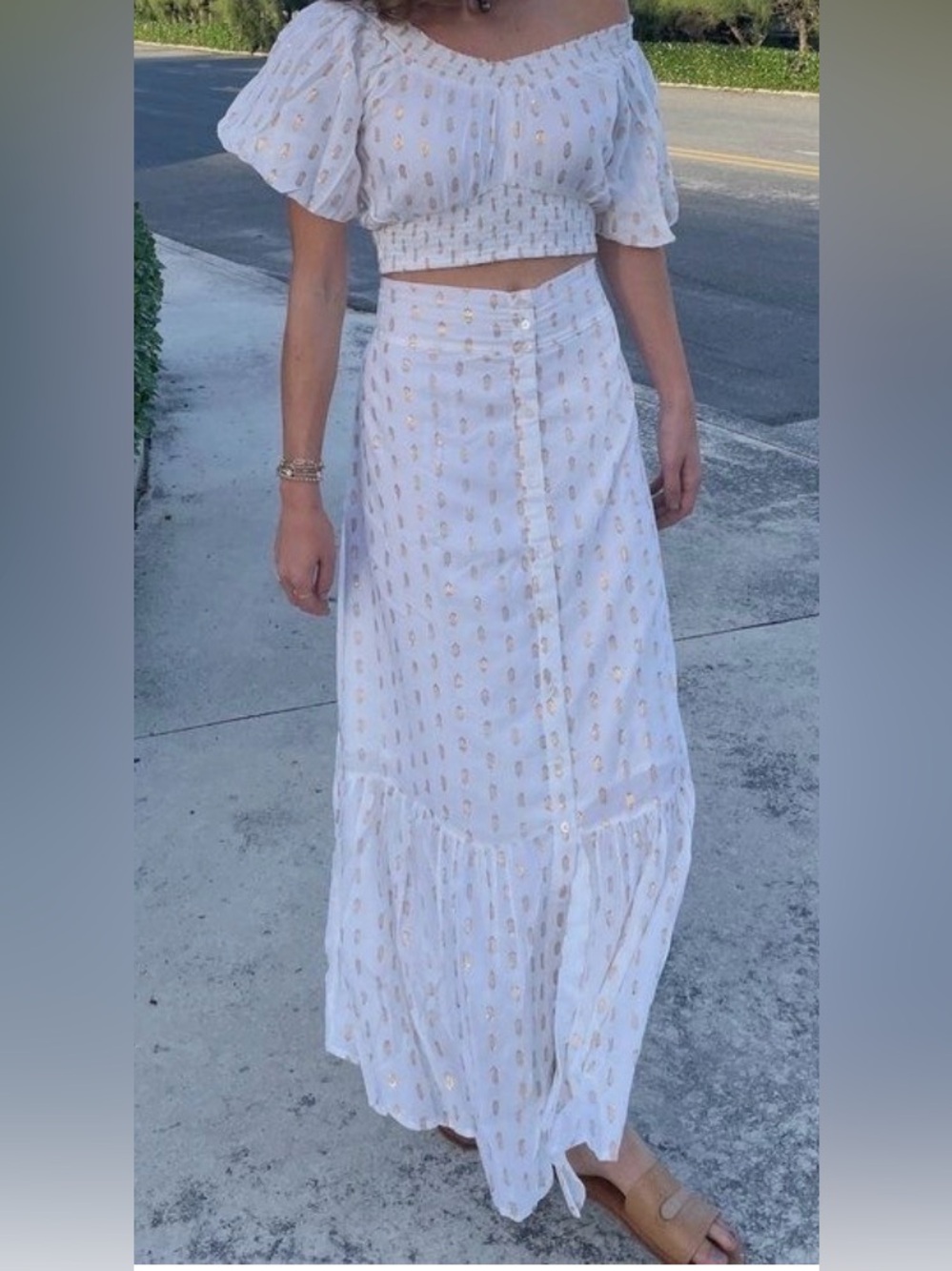 Women’s White with Gold Print set perry walker collective
